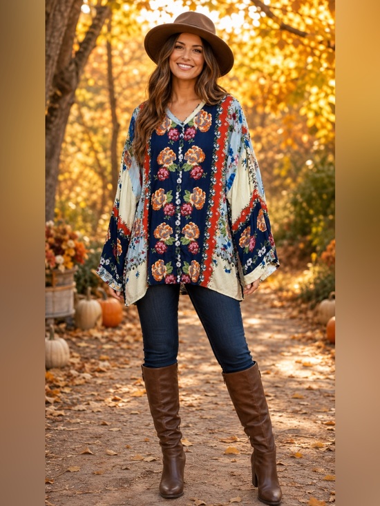 Johnny Was Tops - Johnny Was Navy Floral V-Neck Tunic with Cream & Rust Accents